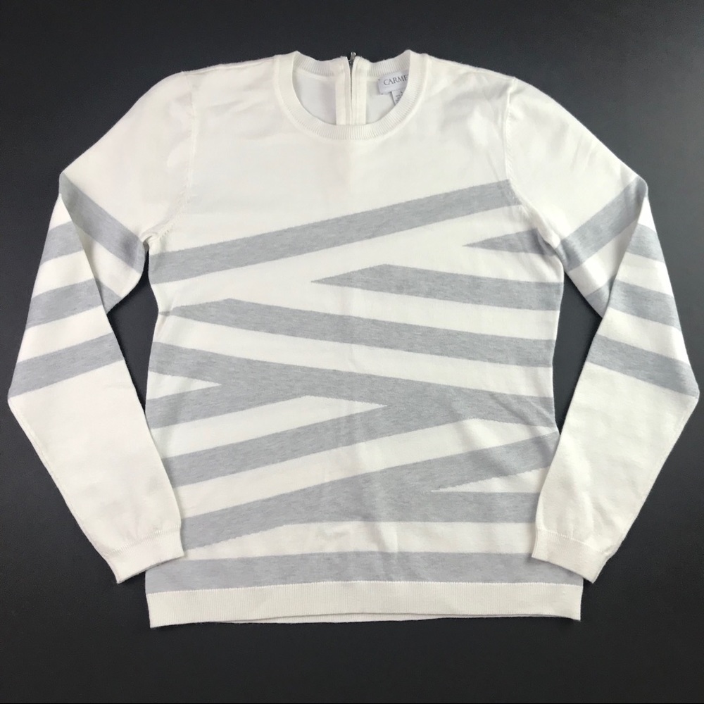 Carmen Marc Valvo Sweater Large White Gray Stripes
